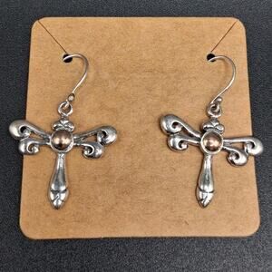 Dragonfly Earrings, Dangle Style, Sterling Silver & 18k Gold, Two Tone, Classic